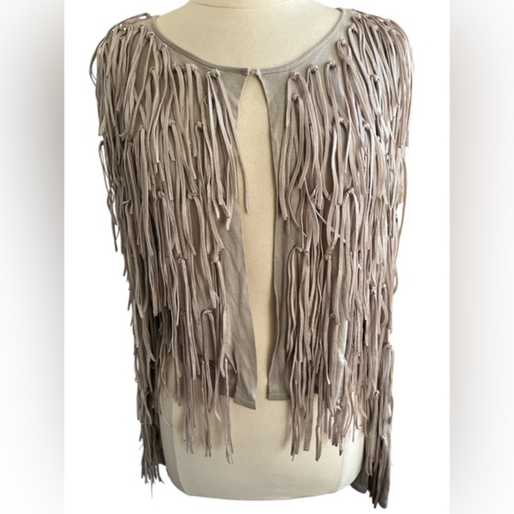 Inc Taupe long sleeve cropped Tassel jacket w/Fringe detail throughout Size L